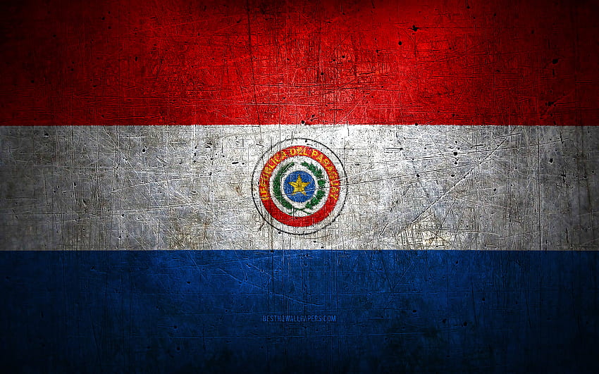 Metalowa flaga Paragwaju, grunge art, kraje Ameryki Południowej, Dzień Paragwaju, symbole narodowe, Flaga Paragwaju, metalowe flagi, Flaga Paragwaju, Ameryka Południowa, Flaga Paragwaju, Paragwaj Tapeta HD