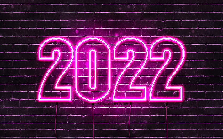 2022 fioletowe neonowe cyfry, Szczęśliwego Nowego Roku 2022, fioletowy mur, tekst poziomy, koncepcje 2022, przewody, 2022 nowy rok, 2022 na fioletowym tle, cyfry roku 2022 Tapeta HD