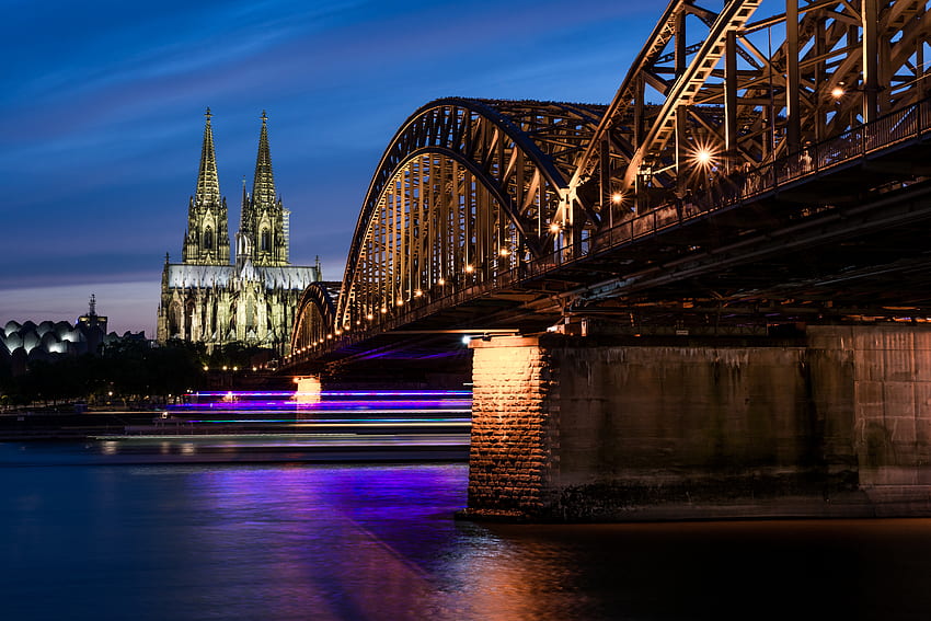 Villes, Architecture, Ville de nuit, Éclairage de la ville, Pont, Allemagne, Cologne, Cologne Fond d'écran HD