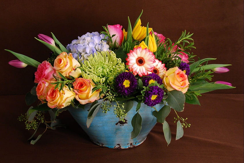 Flowers, Roses, Tulips, Bouquet, Lot, Hydrangea, Different, Pot HD wallpaper