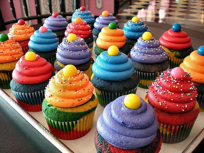 Cupcake warna-warni, manis, penuh warna, lezat, makanan, cupcake Wallpaper HD