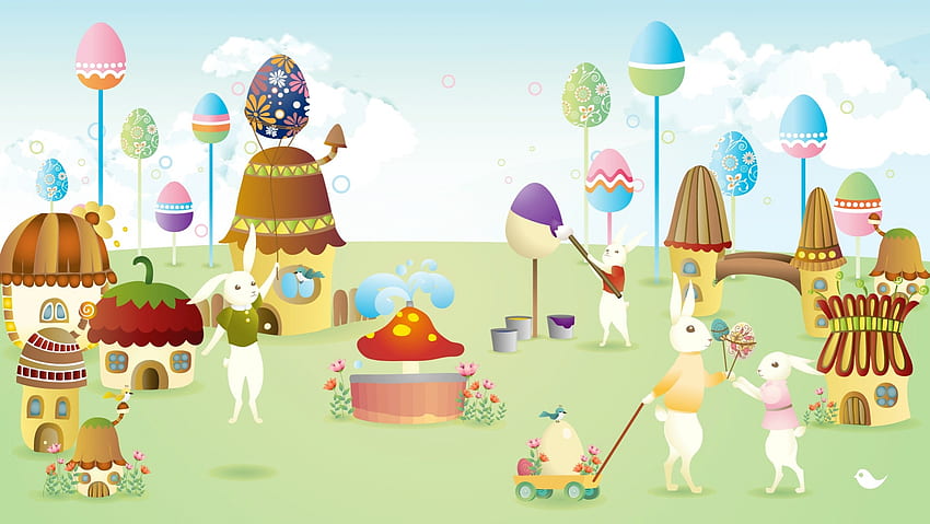 Easter Bunny Village, króliczki, ptaki, jajka, domy, grzyb, balony, fontanna, domy, woda, wiadra, Wiosna, koła, wagon, Wielkanoc, króliki, pisanki, farba, chmury, niebo, kwiaty Tapeta HD