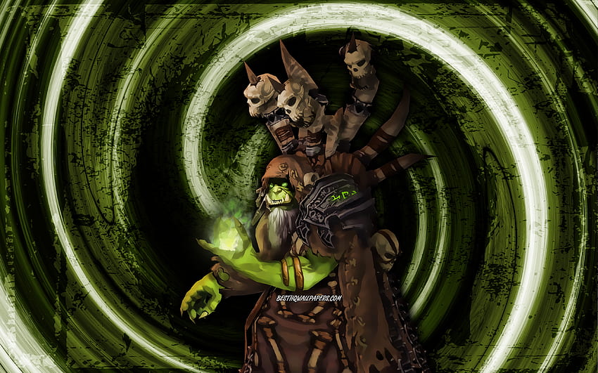 Guldan, grüner Grunge-Hintergrund, World of Warcraft, Krieger, WoW, Monster, Wirbel, World of Warcraft Shadowlands, Guldan World of Warcraft HD-Hintergrundbild