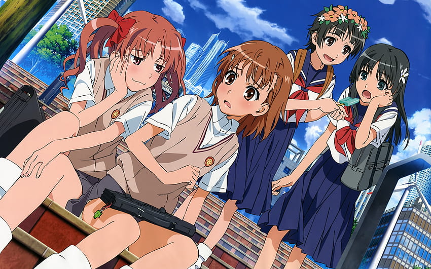 Toaru Kagaku no Railgun, Uiharu Kazari, Shirai Kuroko, Seifuku, Bänder, Misaka Mikoto, Saten Ruiko HD-Hintergrundbild