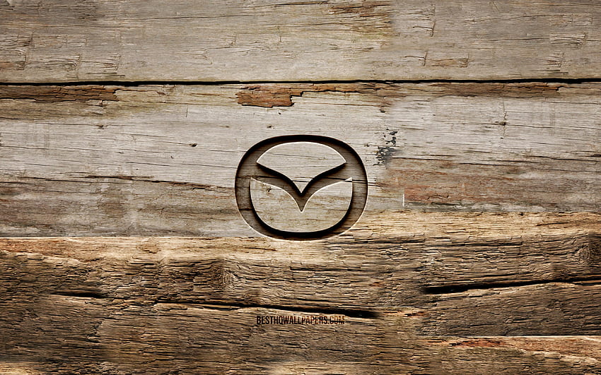 Drewniane logo Mazda, drewniane tła, marki samochodów, logo Mazda, kreatywne, rzeźbienie w drewnie, Mazda Tapeta HD