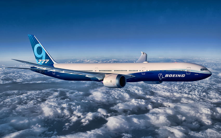 空飛ぶボーイング 777X, 飛行機, 青空, ボーイング 777X, 旅客機, 旅客機, ボーイング, 777X 解像度付き. 高品質 高画質の壁紙