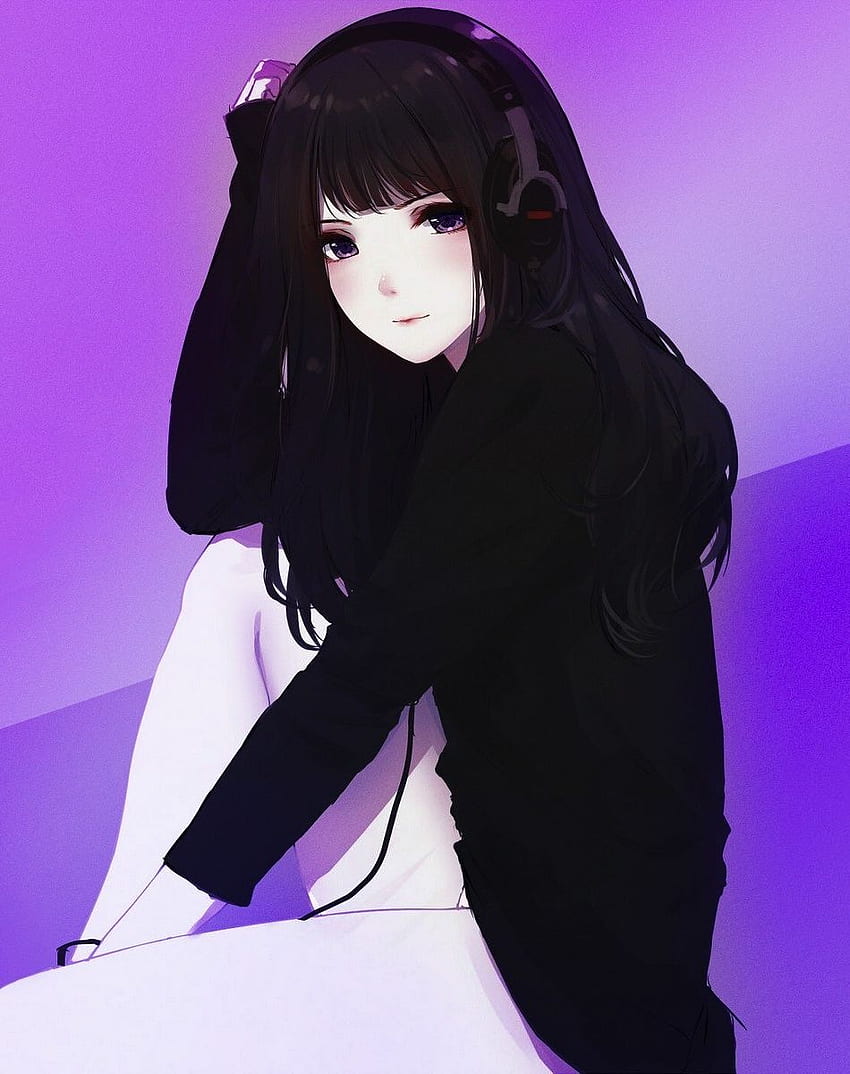 headphone, cute, anime girl, black hoodie, iphone, , background, 3514 HD phone wallpaper