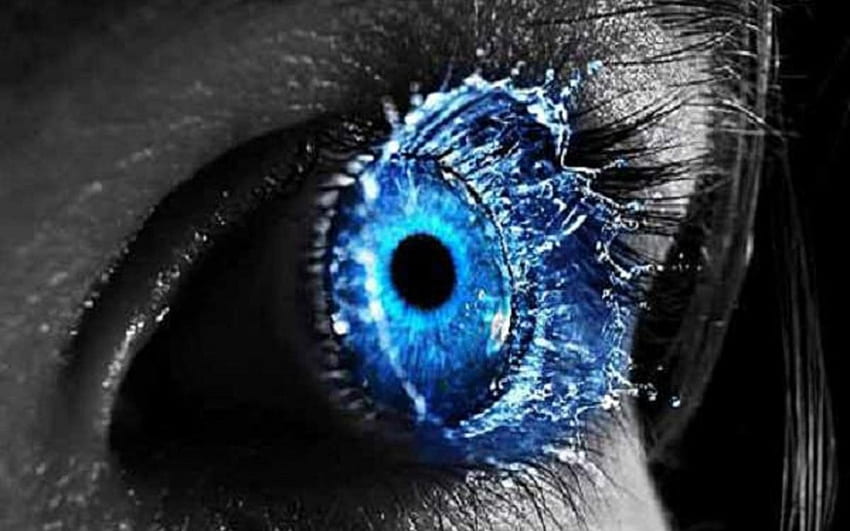 Sztuka cyfrowa, kobiety, oczy, niebieskie oczy, woda, selektywne kolorowanie, zbliżenie, niebieski, ciecz, Iris, oko, modny dodatek, Ludzkie ciało, organ, ścieśniać, makrografia. Mocah Tapeta HD