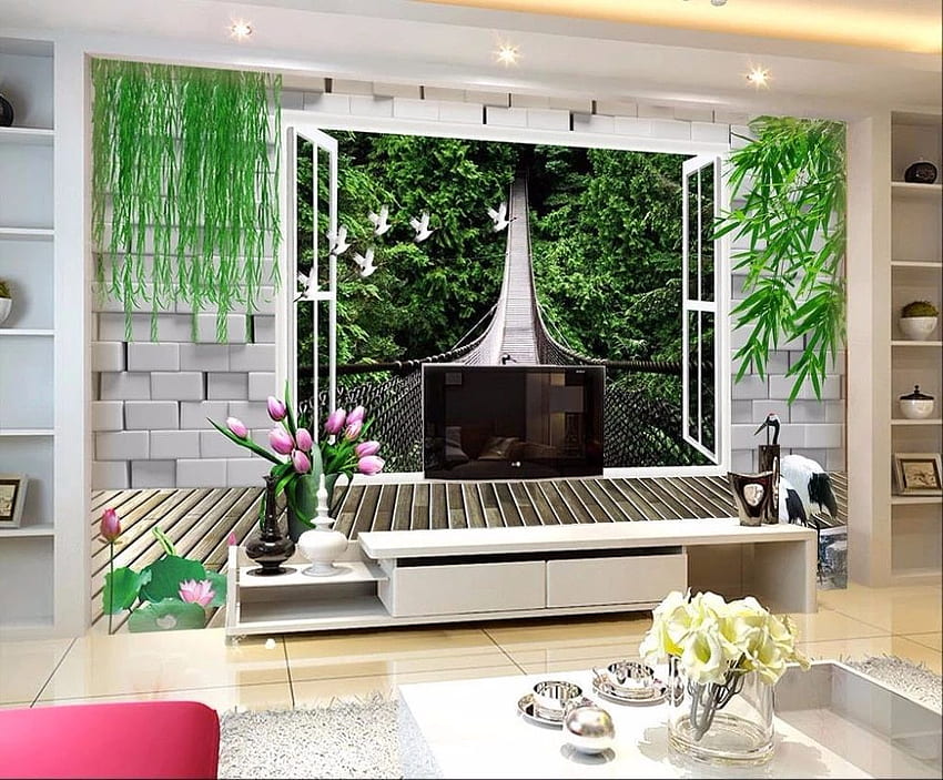 Custom 3D Murals Window Bamboo For Walls Decoration Expand space Iron Bridge Living room . bamboo . 3D bamboo for walls HD wallpaper
