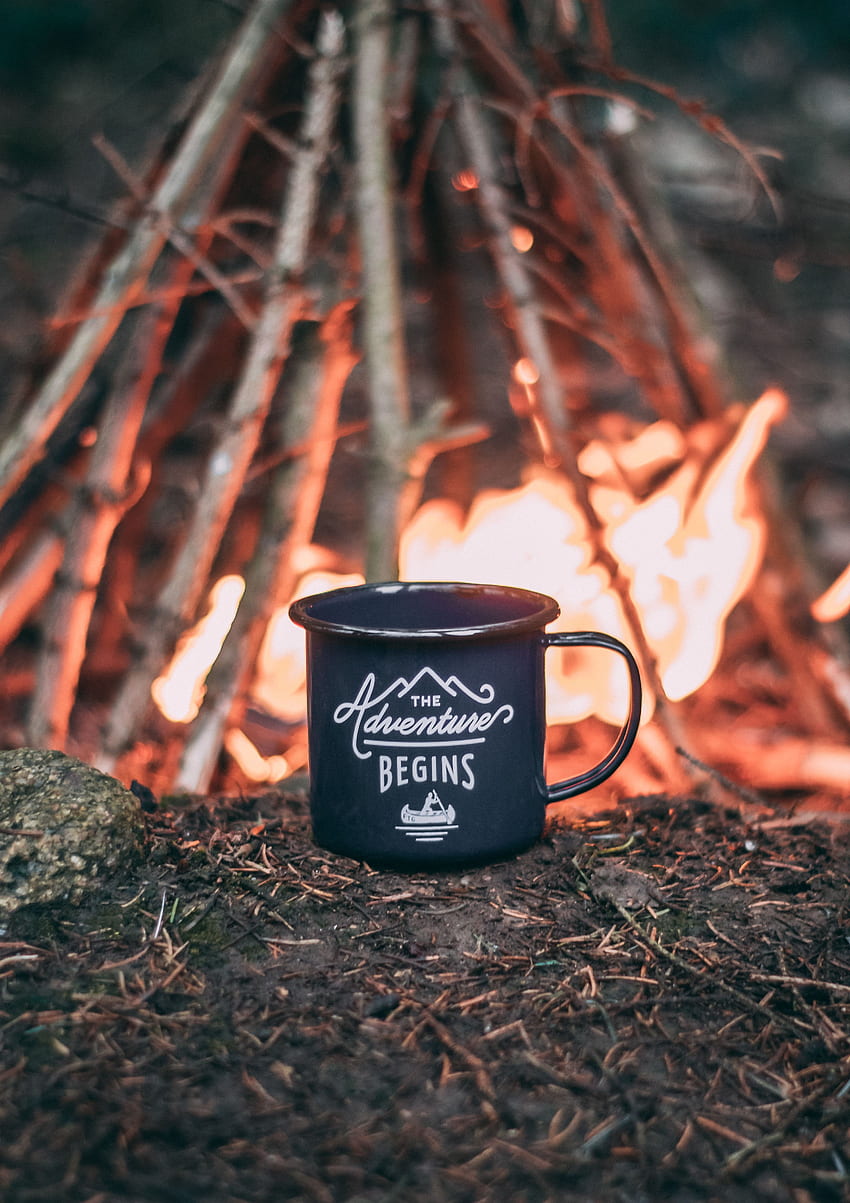 Bonfire, Words, Cup, Journey, Campsite, Camping, Mug HD phone wallpaper