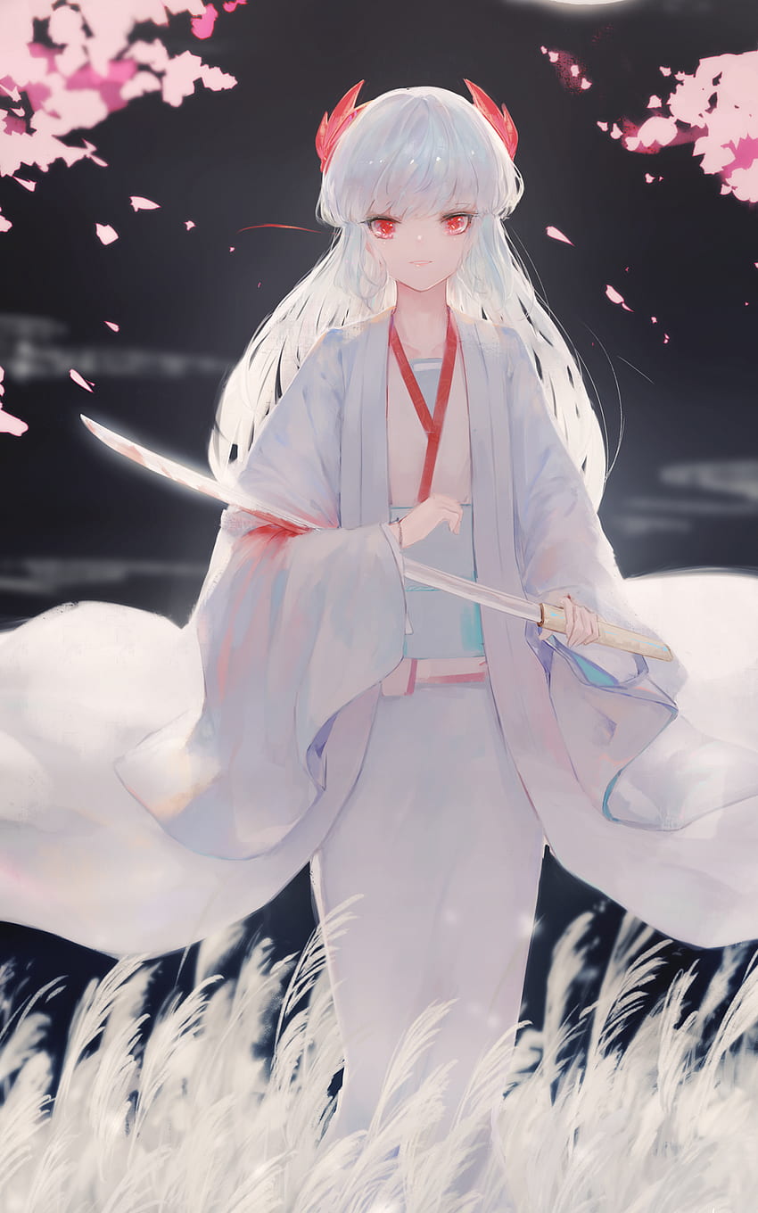 Gadis Anime, Rambut Putih, Kimono, Bunga Sakura, 1200X1920 Anime wallpaper ponsel HD