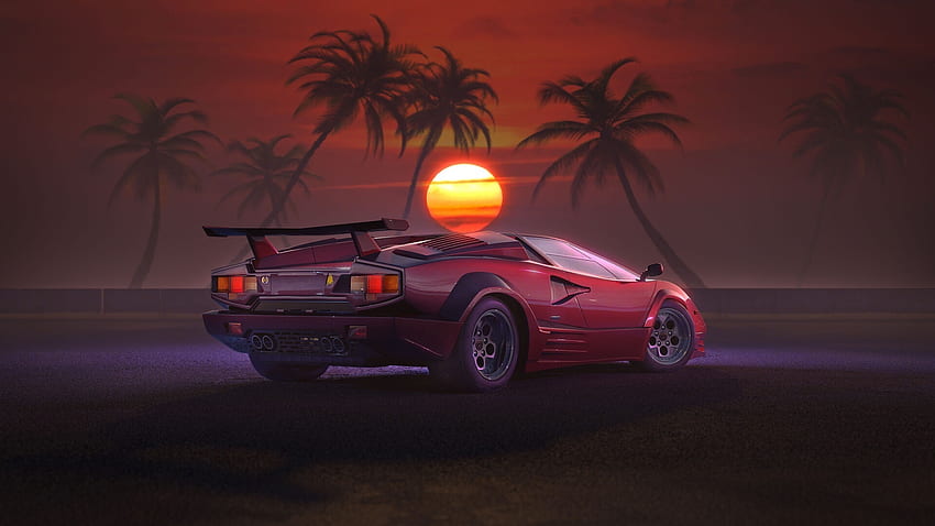 Retrowave, OutDrive, car, sunset, artwork HD wallpaper