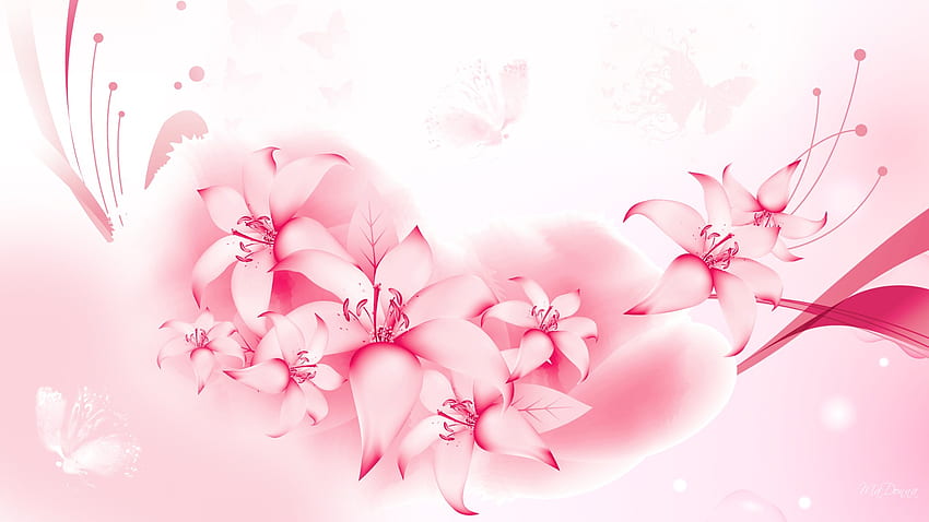 So Soft Pink, butterflies, summer, abstract, soft, pink lilies, flowers, spring HD wallpaper