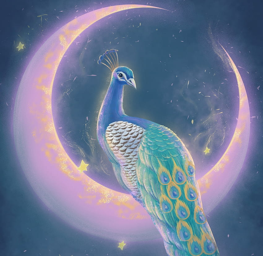 Peacock, peacick, green, pasari, blacklamp, bird, luna art, black lamp, pink, moon, paun, fantasy, luminos HD wallpaper