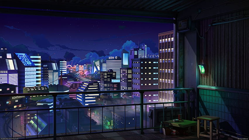 3D building city clouds mb0sco night nobody original scenic sky stars the jazz hop cafe watermark Anime HD wallpaper