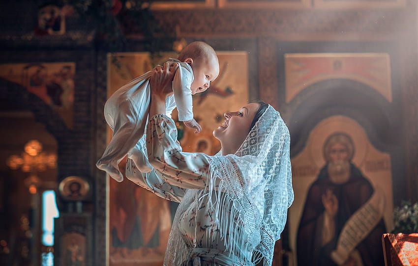 kegembiraan, wanita, Gereja, ibu, anak, bayi, anak, ikon, ibu, pembaptisan untuk , bagian настроения Wallpaper HD
