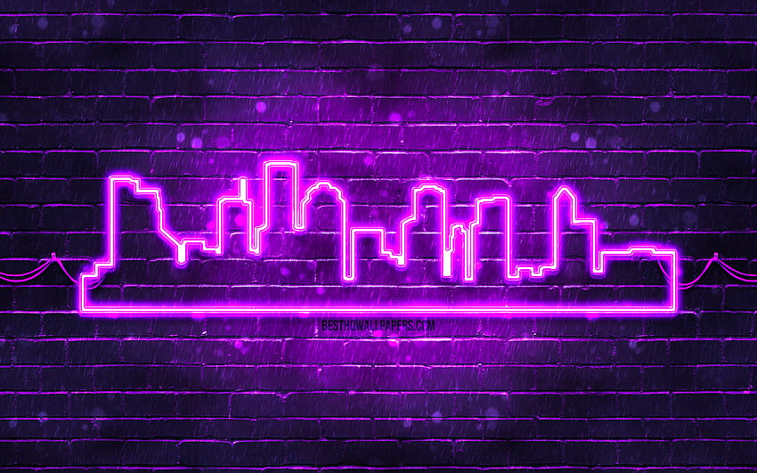 Houston violet neon silhouette, , violet neon lights, Houston skyline silhouette, violet brickwall, american cities, neon skyline silhouettes, USA, Houston silhouette, Houston HD wallpaper