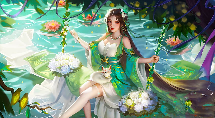 Girl at the Lake, digital, art, fantasy, green, , beautiful, water, lotus HD wallpaper