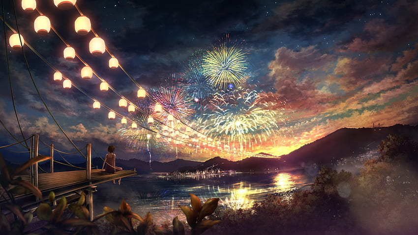 Show de fogos de artifício, garota, linda, anime papel de parede HD
