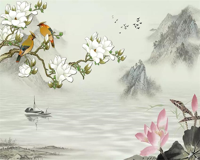 Beibehang Custom new Chinese landscape painting magnolia flower and bird figure background wall 3D . , Chinese Bird HD wallpaper