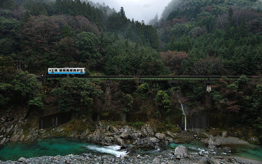Natur, Flüsse, Bäume, Steine, Brücke, Eisenbahn HD-Hintergrundbild