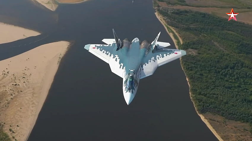 Nuovo video del russo Sukhoi Su 57 mentre fa una ripresa dal basso. Aerei d'epoca, jet da combattimento, velivoli stealth, Sukhoi Su-57 Sfondo HD