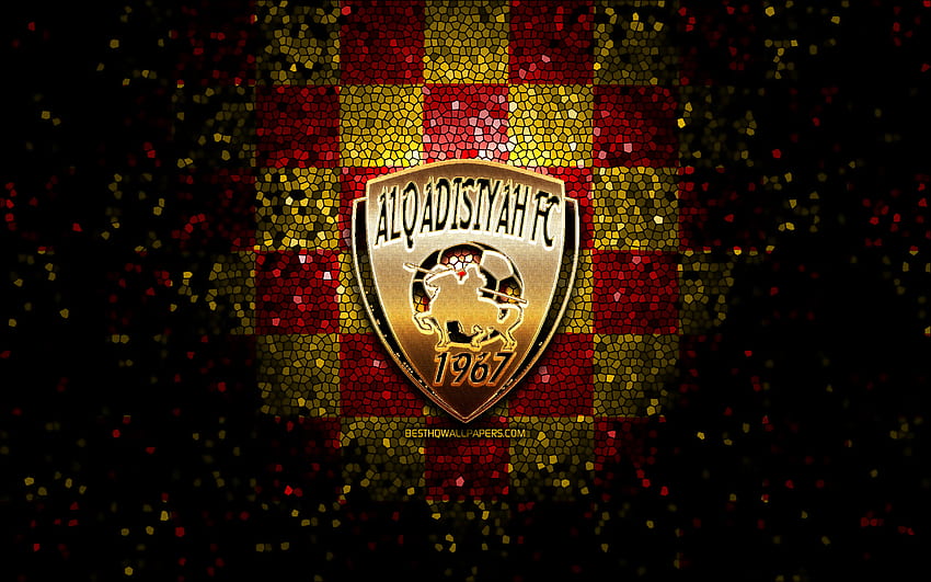 Al-Qadsiah FC, glitter logo, Saudi Professional League, red yellow checkered background, soccer, saudi football club, Al-Qadsiah logo, mosaic art, football, Al Qadsiah HD wallpaper