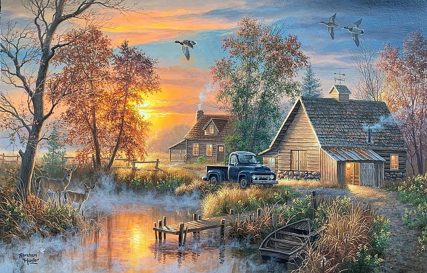 Sunset, painting, abraham hunter, art, pictura, cottage, lake HD wallpaper