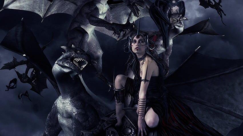 Dragon Queen, scary, macabre, beautiful, monster, dark, woman, fantasy, fantasy girl, dragon, beast, creatures HD wallpaper