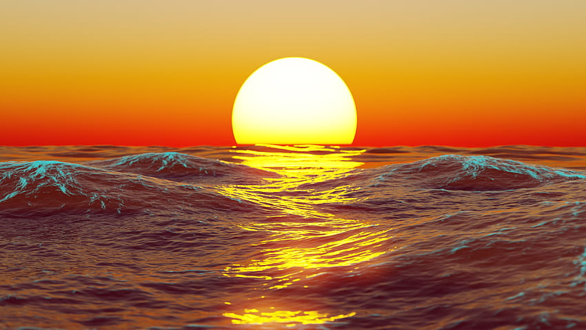 setting sun, sea, waves, sun, ocean, glare HD wallpaper