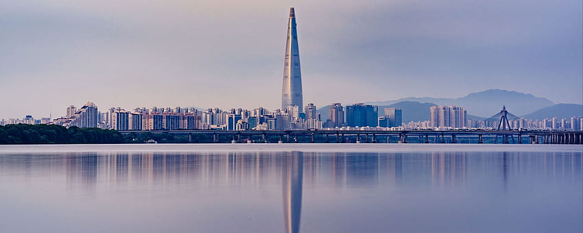 панорама, небостъргач, сеул, южна корея фон на ултраширок монитор, река Корея HD тапет