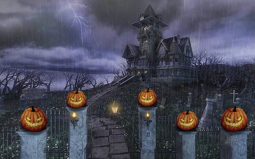 Haunted House on The Hill, zucche, pauroso, Halloween, inquietante, autunno, arte digitale, casa stregata, Pioggia Sfondo HD