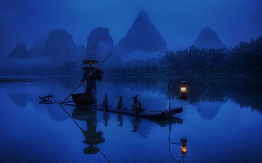 湖鳥漁師夜中国釣り鵜、鵜と中国の伝統的な釣り 高画質の壁紙