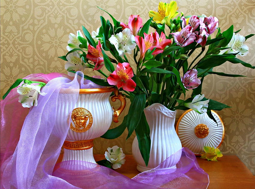 Flowers, Alstroemeria, Bouquet, Vases, Scarf HD wallpaper