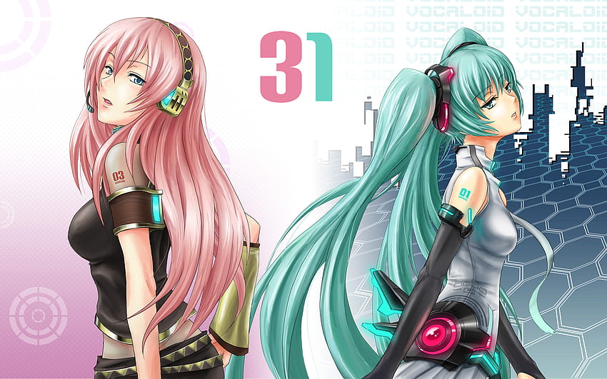 Megurine Luka & Hatsune Miku Append, blue, colorful, luka, awesome, headphones, append, cute, vocaloid, beauty, nice, miku, vocaloids, hatsune, megurine luka, skirt, blue eyes, crossover, hatsune miku, twintail, blue hair, headset, beautiful, pink hair, pink, anime, cool, megurine, miku append HD wallpaper