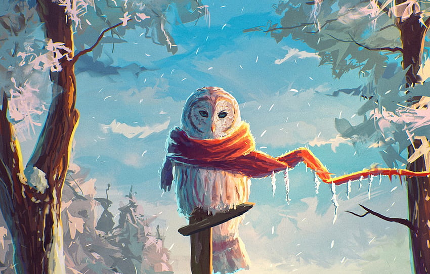 winter, snow, owl, bird, art for , section живопись, Cartoon Winter Owl HD wallpaper