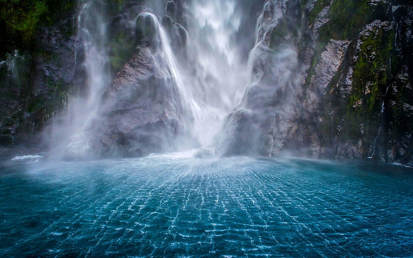 ภูมิประเทศ ภูมิประเทศ น้ำตก ภูเขา ตะไคร่น้ำ มิลฟอร์ด เสียง ธรรมชาติ นิวซีแลนด์ หน้าผา ฟยอร์ด ทะเล หมอก น้ำ สีน้ำเงิน ขาว , น้ำตกนิวซีแลนด์ วอลล์เปเปอร์ HD