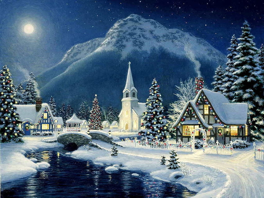 Коледно селище, Зима, Сняг, Нощ, Луната, Небе HD тапет