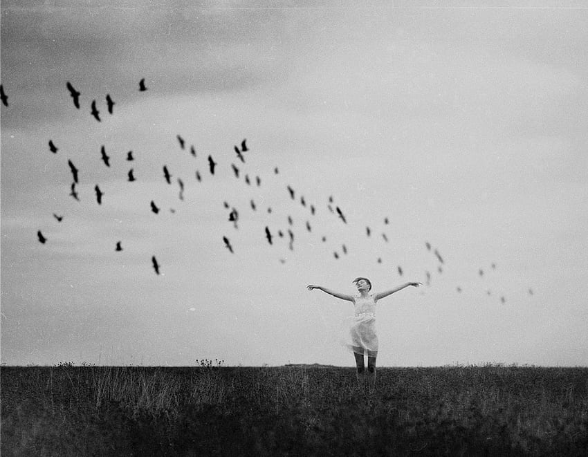DOM, birds, graphy, bw, atmosphere, peaceful, moods, beauty, woman HD wallpaper
