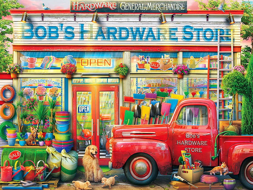 Bob's Hardware、トラック、アートワーク、ショップ、絵画、道具、犬、猫 高画質の壁紙