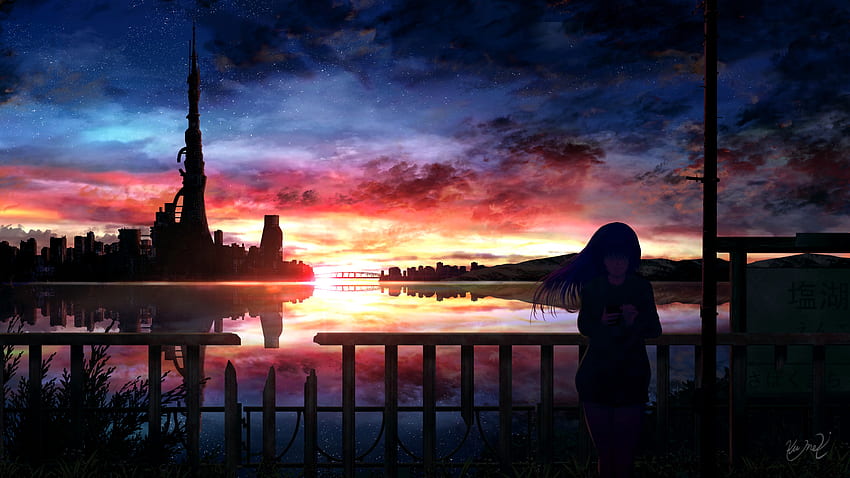Anime, Nacht, Silhouette, Sternenhimmel, Mädchen HD-Hintergrundbild