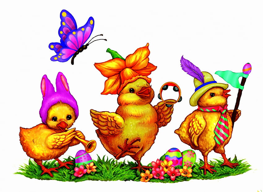 Desfile de Páscoa, narciso, Páscoa, filhotes, grama, ovos, ovos de Páscoa, borboleta, desfile, chapéus papel de parede HD