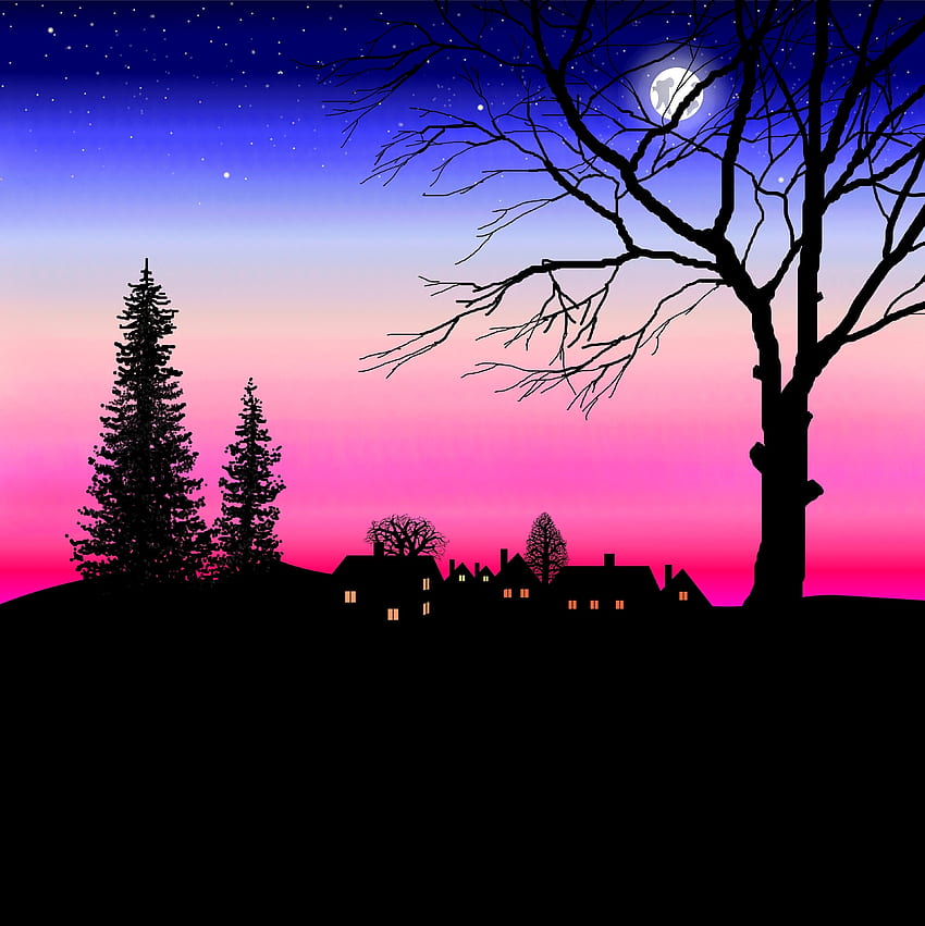 Afterglow, night, silhouette, house, tree HD phone wallpaper