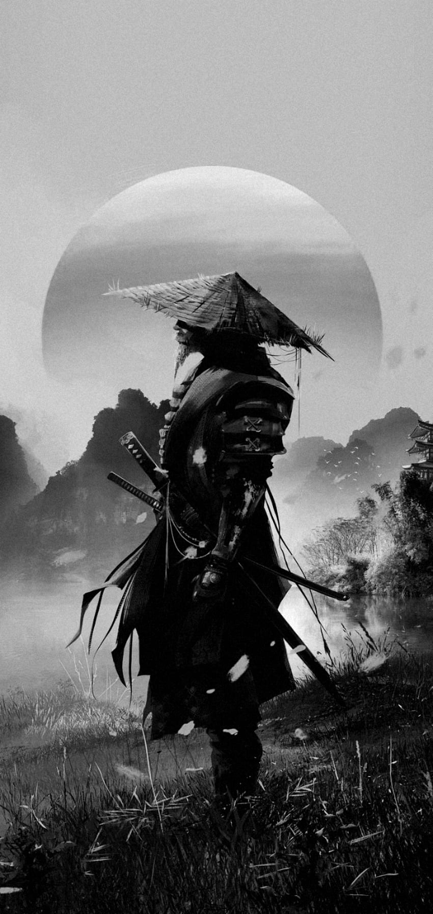 Grauer Sonnenuntergang Samurai, Himmel, Kunst, China, Japan, Ninja, Japaner, Sonne HD-Handy-Hintergrundbild