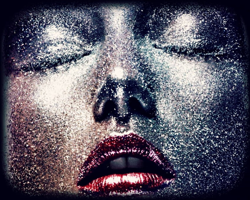 Andreea Diaconu, bleu, modèle, paillettes, fille, femme, maquillage, rouge à lèvres, rouge, visage, texture, lèvres Fond d'écran HD