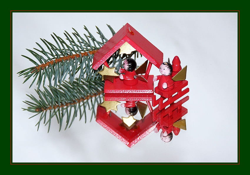 Christmas Dolls Reflection, mirror, dolls cabin, still life, reflection, pine, red, beautiful, christmas dolls HD wallpaper
