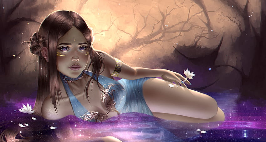 A drop of peace, blue, mermaid, girl, aoleev, purple, pink, fantasy, luminos, water HD wallpaper