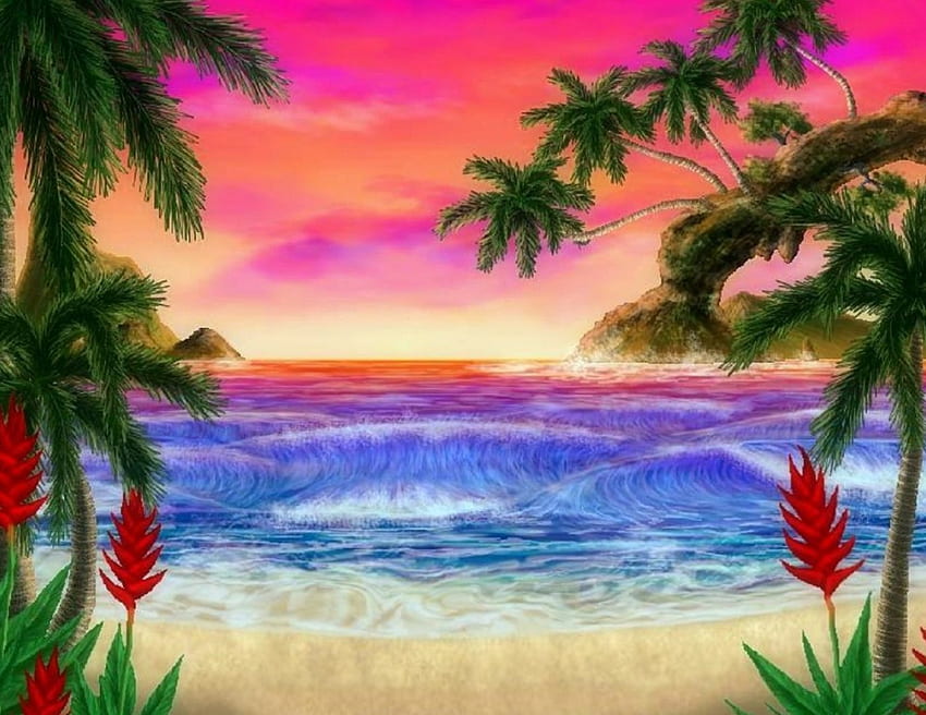 Praia colorida, mar, colorido, praias, atrações nos sonhos, pinturas, paisagens, amor quatro estações, cenário, árvores, desenhar e pintar, natureza, flores papel de parede HD