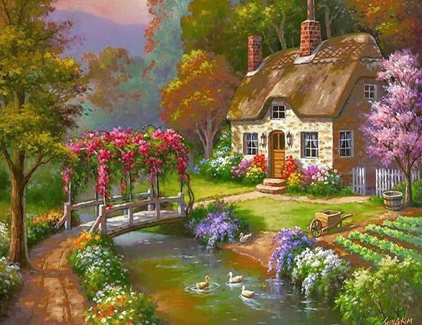 Rose cottage, Painting, Cottage, Ducks, Bridge HD wallpaper