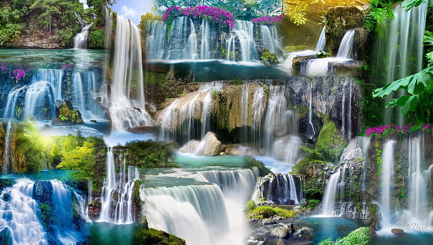 Wasserfall-Collage, Wasserfall, Wasserfälle, Natur, Collage HD-Hintergrundbild